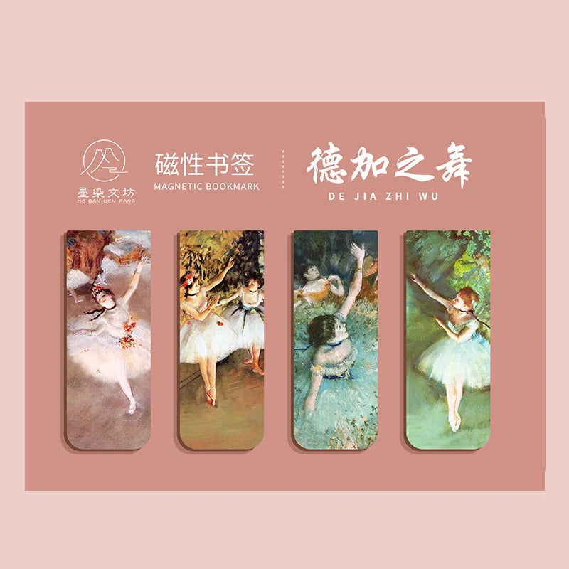 4 Pcs Magnetic Bookmark World Famous Painting Monet Van Gogh Antique Art Page Folder for Books Readers Stationery Supplies